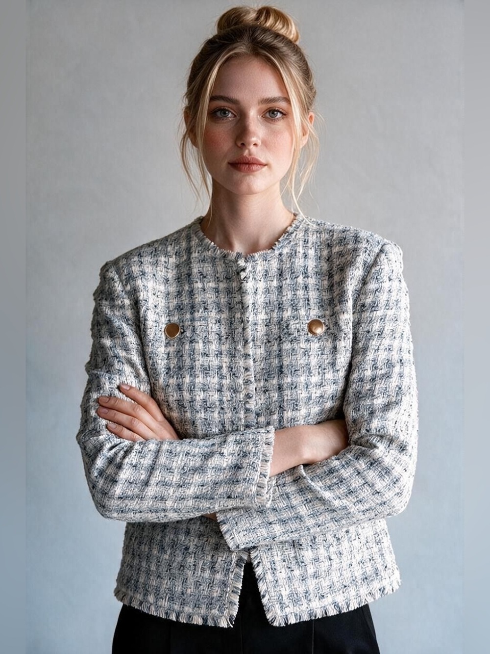 Express Women's Tweed Boxy Jacket in Cream and Black with Gold Buttons
